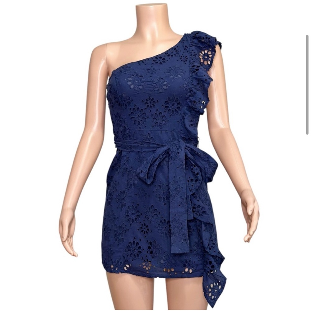 REVOLVE Lovers and Friends Seana Seanne Eyelet Mini Deep Navy one shoulder